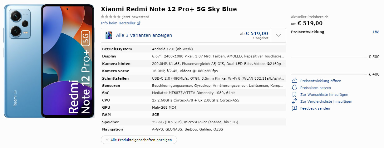 Страница Redmi Note 12 Pro+ в немецком интернет-магазине